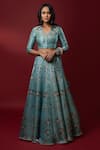 Buy_Nautanky_Blue Kasab Satin Dupatta Organza Embroidery V Neck Inayat Lehenga Set _Online_at_Aza_Fashions
