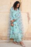 Gulabo Jaipur_Blue Cotton, Organza Floral U Neck Gul Print Anarkali Set_Online_at_Aza_Fashions