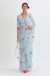 Buy Peeli Dori Blue Silk Organza Embroidery V Neck Saree With Blouse at Aza Fashions Buy_Peeli Dori_Blue Silk Organza Embroidery V Neck Saree With Blouse _at_Aza_Fashions