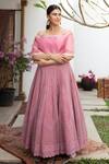 Buy_Jade by Monica and Karishma_Pink Tulle Embroidered Thread Work One Shoulder Cape Choli And Lehenga Set _at_Aza_Fashions