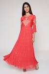 Bha sha_Coral Anarkali  Georgette Embroidered Round Gulab With Dupatta _Online_at_Aza_Fashions