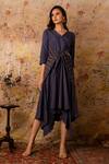Vaani Beswal_Blue Handwoven Cotton Stripes V Neck Gulbarg Dress _Online_at_Aza_Fashions