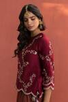 Shop_Naaz By Noor_Maroon Chanderi, Printed , Round Short Kurta And Palazzo Set_Online_at_Aza_Fashions