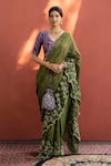Buy_Naaz By Noor_Green Chanderi, Printed , V Neck Embroidered Saree And Blouse _at_Aza_Fashions