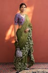 Naaz By Noor_Green Chanderi, Printed , V Neck Embroidered Saree And Blouse _Online_at_Aza_Fashions