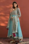 Naaz By Noor_Blue Chanderi, Printed Zari Leaf Neck Floral Anarkali Set _Online_at_Aza_Fashions
