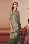 Sahil Kochhar_Green Crepe, Organza U Neck Gulner Kurta And Sharara Set _Online_at_Aza_Fashions