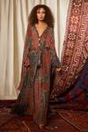 Nikita Mhaisalkar_Maroon Crepe Straight Collar Printed Kaftan _Online_at_Aza_Fashions