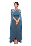 Buy_Salt and Spring_Blue Georgette Embellished Floral Motifs Round Asymmetric Gown With Cape _at_Aza_Fashions