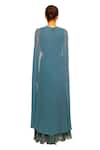 Shop_Salt and Spring_Blue Georgette Embellished Floral Motifs Round Asymmetric Gown With Cape _at_Aza_Fashions