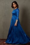 RI.Ritu Kumar_Blue Silk Printed Zardozi Round Paisley Flared Gown _Online_at_Aza_Fashions