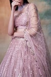 Shop_Vvani by Vani Vats_Pink Net Sweetheart Neck Embroidered Lehenga Set _Online_at_Aza_Fashions