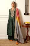 Shop_Loka by Veerali Raveshia_Green Chanderi Silk Embroidered Sequin V Neck Flared Kurta Sharara Set _at_Aza_Fashions