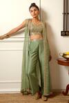 Buy_Loka by Veerali Raveshia_Green Chanderi Silk Organza Embroidered Cape And Pant Set_at_Aza_Fashions