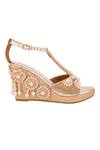 Chini C_Gold Embroidered Peep Toe Wedges_Online_at_Aza_Fashions