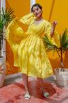 Buy_House Of Fett_Yellow Cotton Dress  Squarejacket  Open With Cape_at_Aza_Fashions