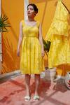 House Of Fett_Yellow Cotton Dress  Squarejacket  Open With Cape_Online_at_Aza_Fashions
