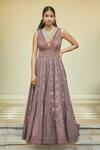 Buy_Jade by Monica and Karishma_Purple Net Embroidered Floral V Neck Aarika Gown  _at_Aza_Fashions