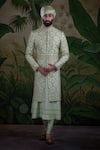 Punit Arora_Green Silk Thread, Tilla, Zardozi Embroidered Sherwani Set _Online_at_Aza_Fashions