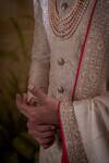 Punit Arora_Peach Silk Jacquard Sequin And Thread Work Floral Embroidered Sherwani Set _at_Aza_Fashions