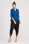 Harsh Harsh_Blue Dupion Silk Plain V Neck Gathered Sleeve Peplum Top  _Online_at_Aza_Fashions