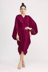 Buy_Harsh Harsh_Maroon Dupion Silk V Neck Flared Sleeve Robe Dress_at_Aza_Fashions