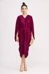 Harsh Harsh_Maroon Dupion Silk V Neck Flared Sleeve Robe Dress_Online_at_Aza_Fashions