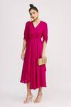 Buy_Harsh Harsh_Pink Dupion Silk V Neck High Low Dress _at_Aza_Fashions