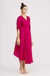 Harsh Harsh_Pink Dupion Silk V Neck High Low Dress _Online_at_Aza_Fashions