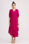 Shop_Harsh Harsh_Pink Dupion Silk V Neck High Low Dress _Online_at_Aza_Fashions