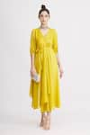 Buy_Harsh Harsh_Yellow Dupion Silk Plain V Neck Draped Dress  _Online_at_Aza_Fashions