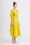 Harsh Harsh_Yellow Dupion Silk Plain V Neck Draped Dress  _Online_at_Aza_Fashions