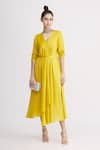 Buy_Harsh Harsh_Yellow Dupion Silk Plain V Neck Draped Dress  _at_Aza_Fashions