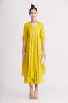 Shop_Harsh Harsh_Yellow Dupion Silk Plain V Neck Draped Dress  _Online_at_Aza_Fashions