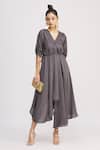 Buy_Harsh Harsh_Grey Dupion Silk V Neck Draped Gathered Sleeve Dress _at_Aza_Fashions
