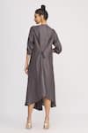 Shop_Harsh Harsh_Grey Dupion Silk V Neck Draped Gathered Sleeve Dress _at_Aza_Fashions