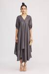 Harsh Harsh_Grey Dupion Silk V Neck Draped Gathered Sleeve Dress _Online_at_Aza_Fashions