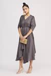 Buy_Harsh Harsh_Grey Dupion Silk V Neck Draped Gathered Sleeve Dress _Online_at_Aza_Fashions