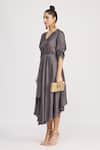 Shop_Harsh Harsh_Grey Dupion Silk V Neck Draped Gathered Sleeve Dress _Online_at_Aza_Fashions