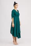 Harsh Harsh_Green Dupion Silk V Neck High Low Dress _Online_at_Aza_Fashions