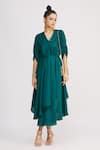 Buy_Harsh Harsh_Green Dupion Silk V Neck High Low Dress _Online_at_Aza_Fashions