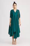 Shop_Harsh Harsh_Green Dupion Silk V Neck High Low Dress _Online_at_Aza_Fashions