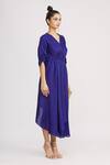 Harsh Harsh_Blue Dupion Silk V Neck Draped Gathered Sleeve Dress _Online_at_Aza_Fashions