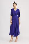 Buy_Harsh Harsh_Blue Dupion Silk V Neck Draped Gathered Sleeve Dress _Online_at_Aza_Fashions