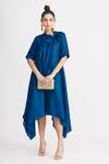 Buy_Harsh Harsh_Blue Dupion Silk Bow Neck Handkerchief Dress _Online_at_Aza_Fashions