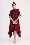 Harsh Harsh_Maroon Dupion Silk Bow Neck Handkerchief Dress _Online_at_Aza_Fashions