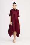 Buy_Harsh Harsh_Maroon Dupion Silk Bow Neck Handkerchief Dress _at_Aza_Fashions