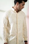 Hilo Design_Beige Oxford Embroidery Thread Dot Shirt _at_Aza_Fashions