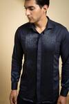 Buy_Hilo Design_Blue Cotton Satin Embroidered Stripe Pattern Metallic Shirt _Online_at_Aza_Fashions