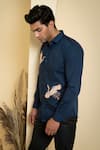 Hilo Design_Blue Poplin Lycra Embroidered Thread Work Cran Shirt _Online_at_Aza_Fashions